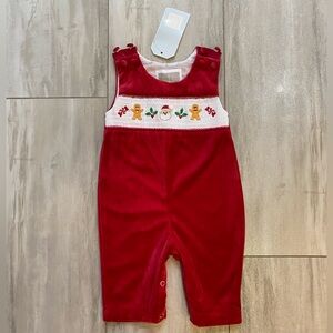 NWT Lil Cactus Vibrant Red Velvet Smocked Holiday Overall Romper, boys 3-6M